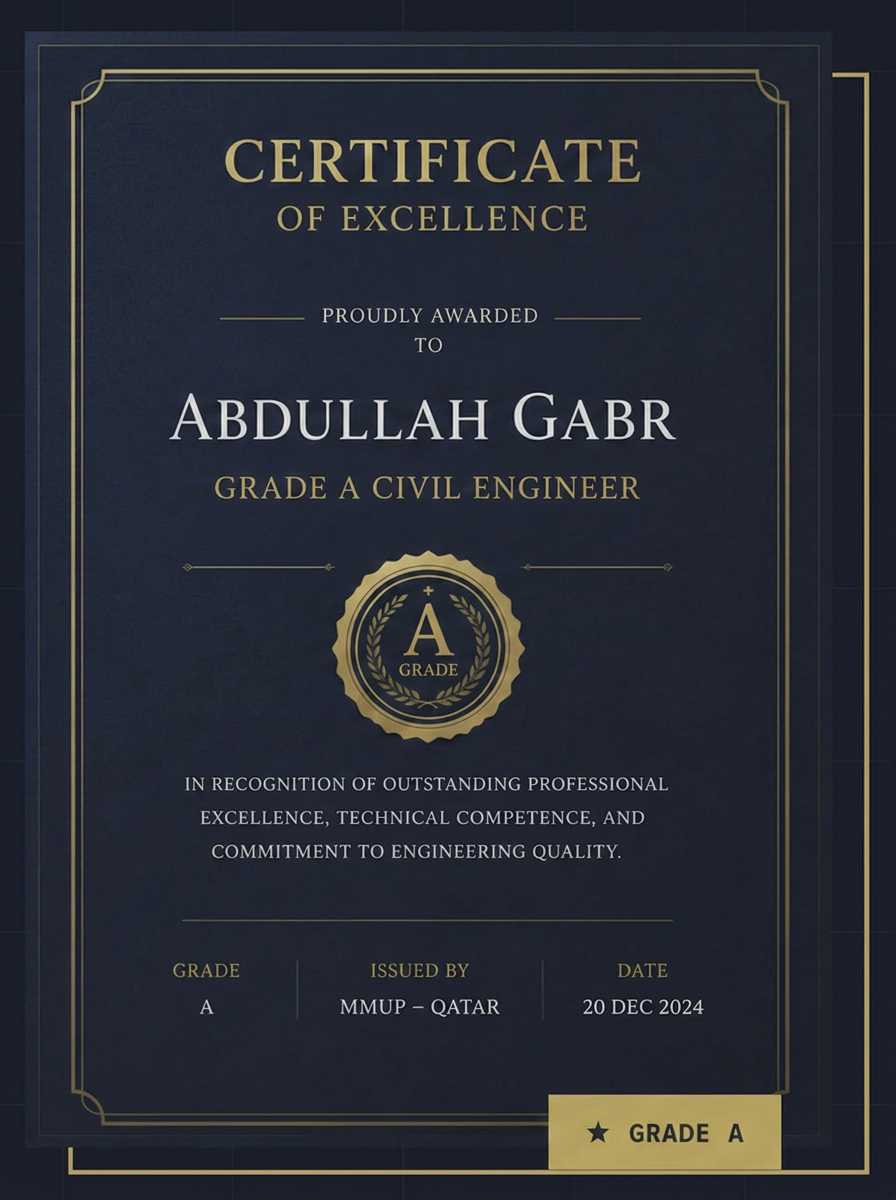 Certificate of Excellence — Abdullah Gabr, Grade A Civil Engineer, MMUP Qatar, 15 May 2023